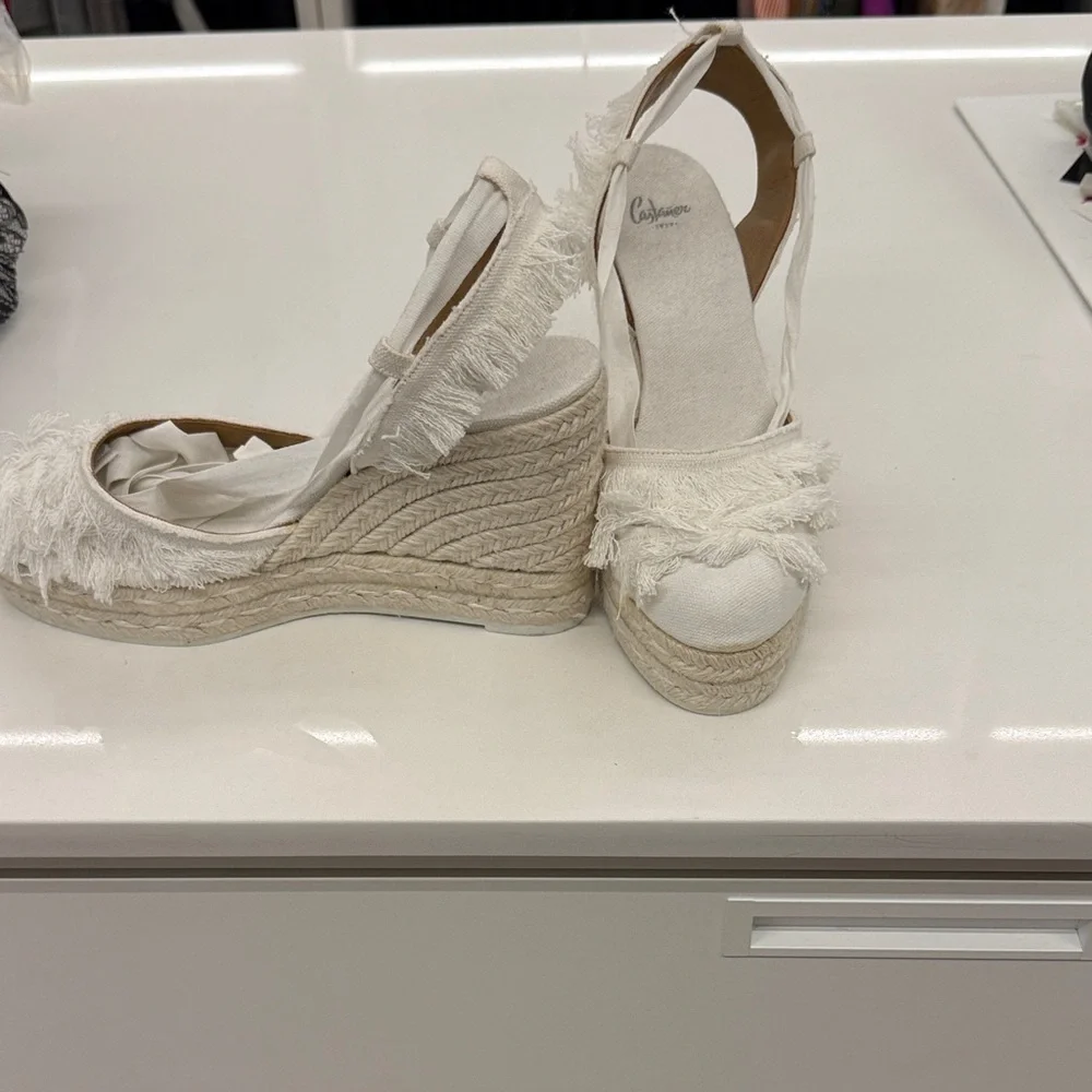 Castaner Cream Fringe Espadrille Wedge Sandals - Picture 2 of 5